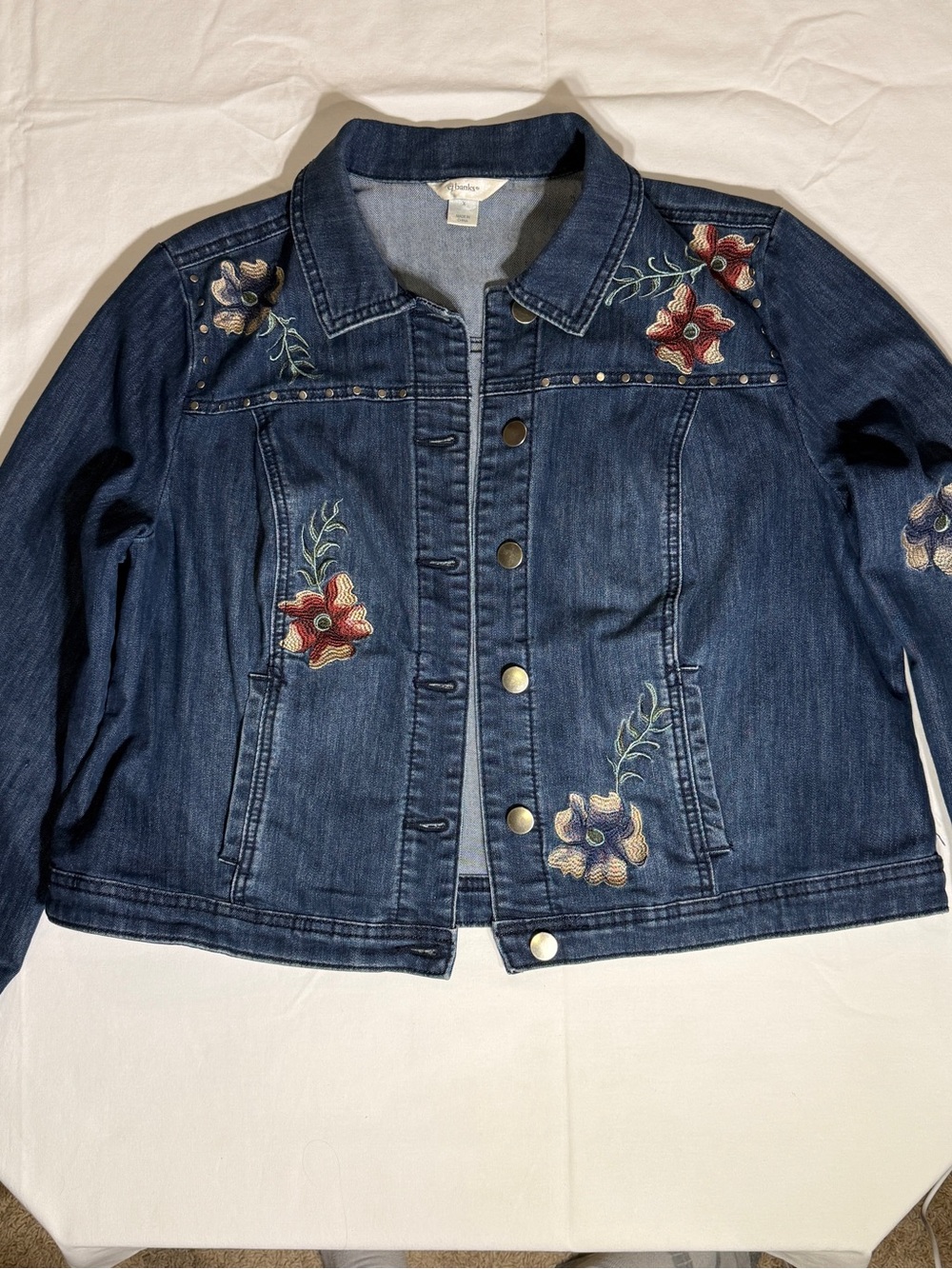 CJ Banks Indigo Denim Jacket with Red & Cream Floral Embroidery